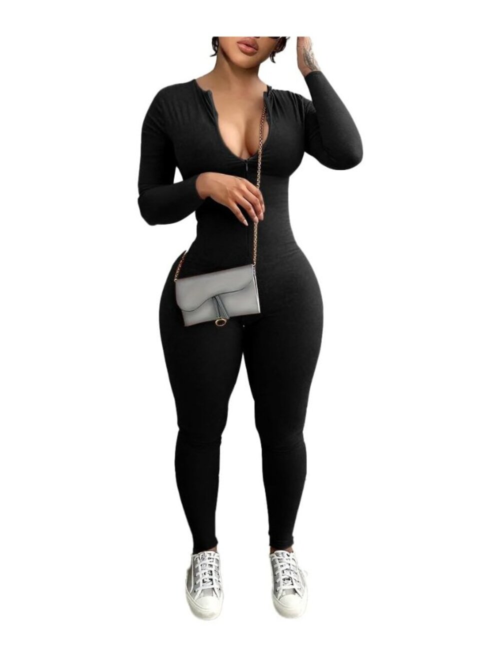 Women Long Sleeve Bodycon Jumpsuit Zip Up Romper One Piece